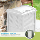 Suncast 33 Gallon Durable Plastic Hideaway Outdoor Garbage Can Trash Bin with Lid and Wicker Design for Backyard, Deck, or Patio, White Suncast