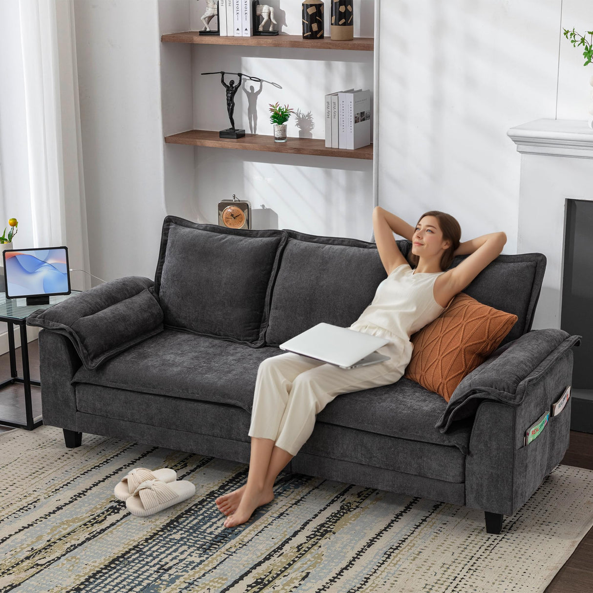 TYBOATLE 85" W Living Room Couch, Comfy Mid-Century Modern Grey Couch w/2 USB Charger & Wide Arms, 3 Seater Sofa w/2 Side Pockets for Bedroom, Apartment, Office TYBOATLE