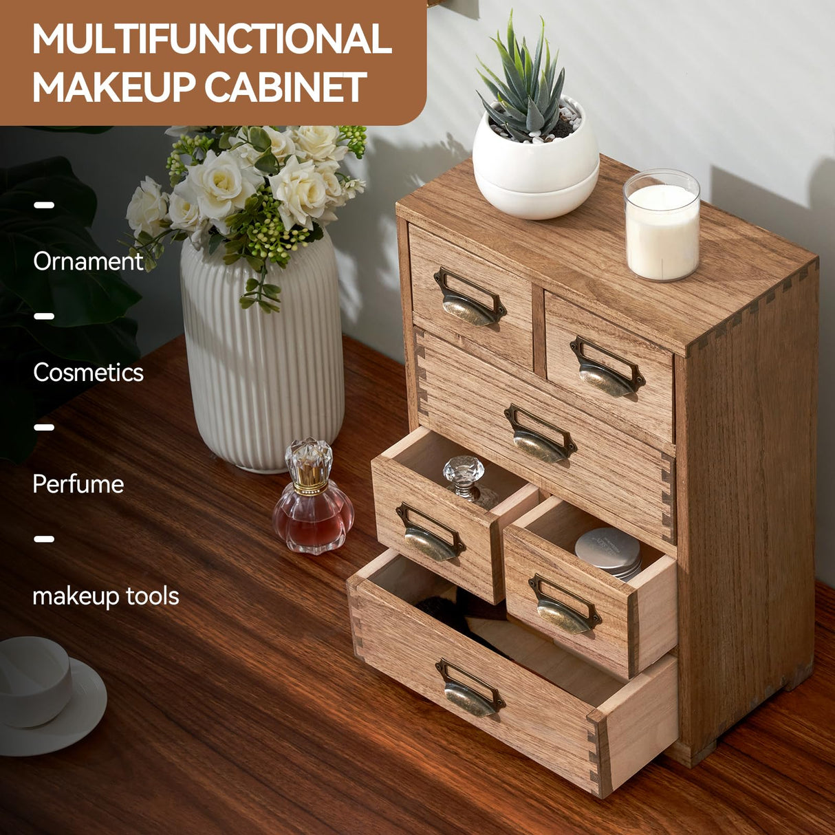 KIRIGEN Wooden Storage Cabinet Organizer Desktop Storage Drawers for Home Office Supplies Dark Brown(4D6CG-DBR) KIRIGEN