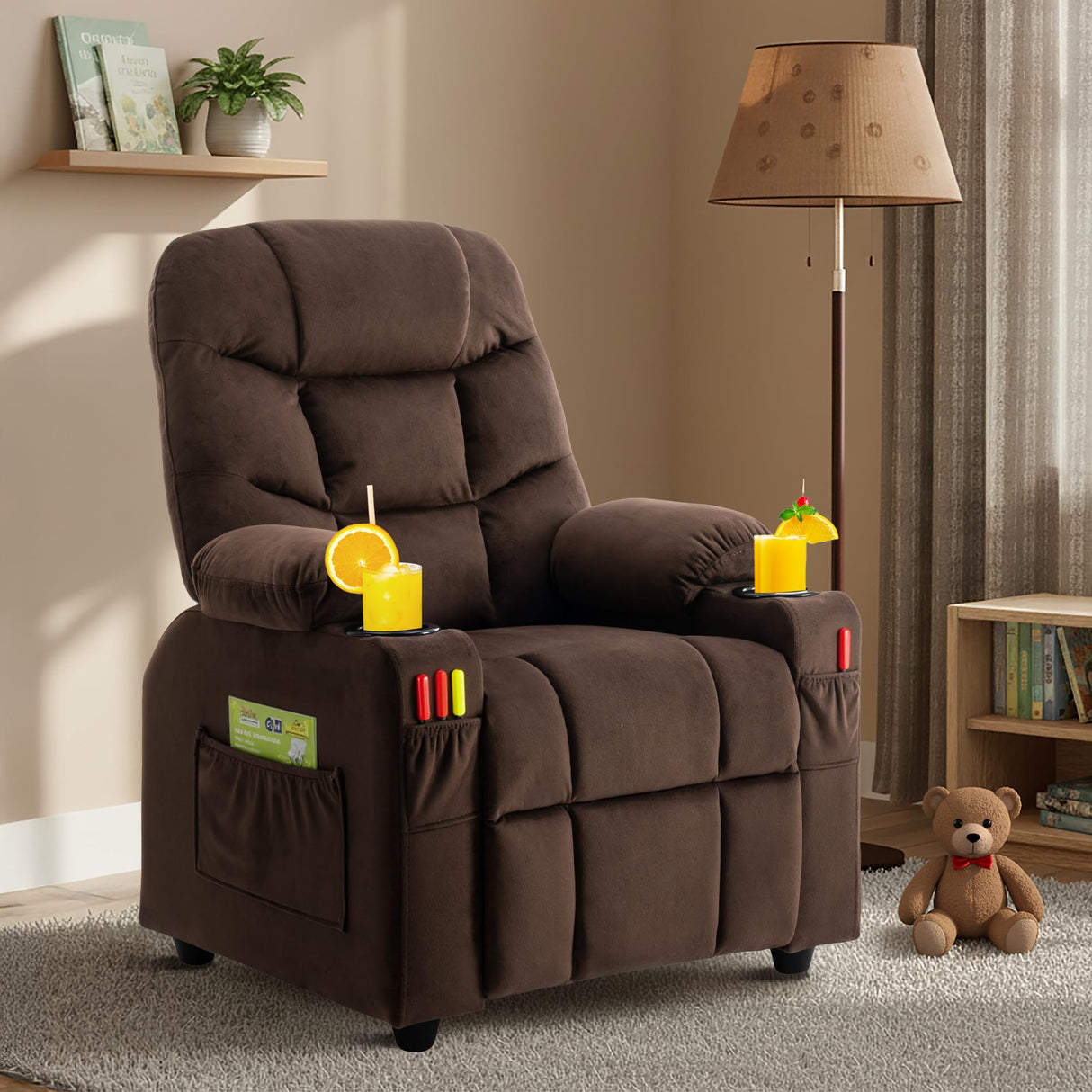 SNUGWAY Donut Larger Kids Reclining Chair Velvet Fabric Recliner Sofa Push Back Children Ages 3-12 with Dual Cup Holders and 4 Pockets SNUGWAY