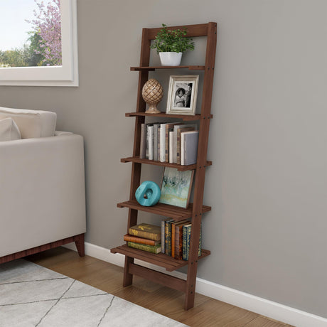 5-Tier Ladder Shelf - 50-Inch Narrow Leaning Bookshelf - Wooden Bookcase for Living Room, Bathroom, Kitchen, Office, or Bedroom Furniture by Lavish Home (Walnut) Lavish Home