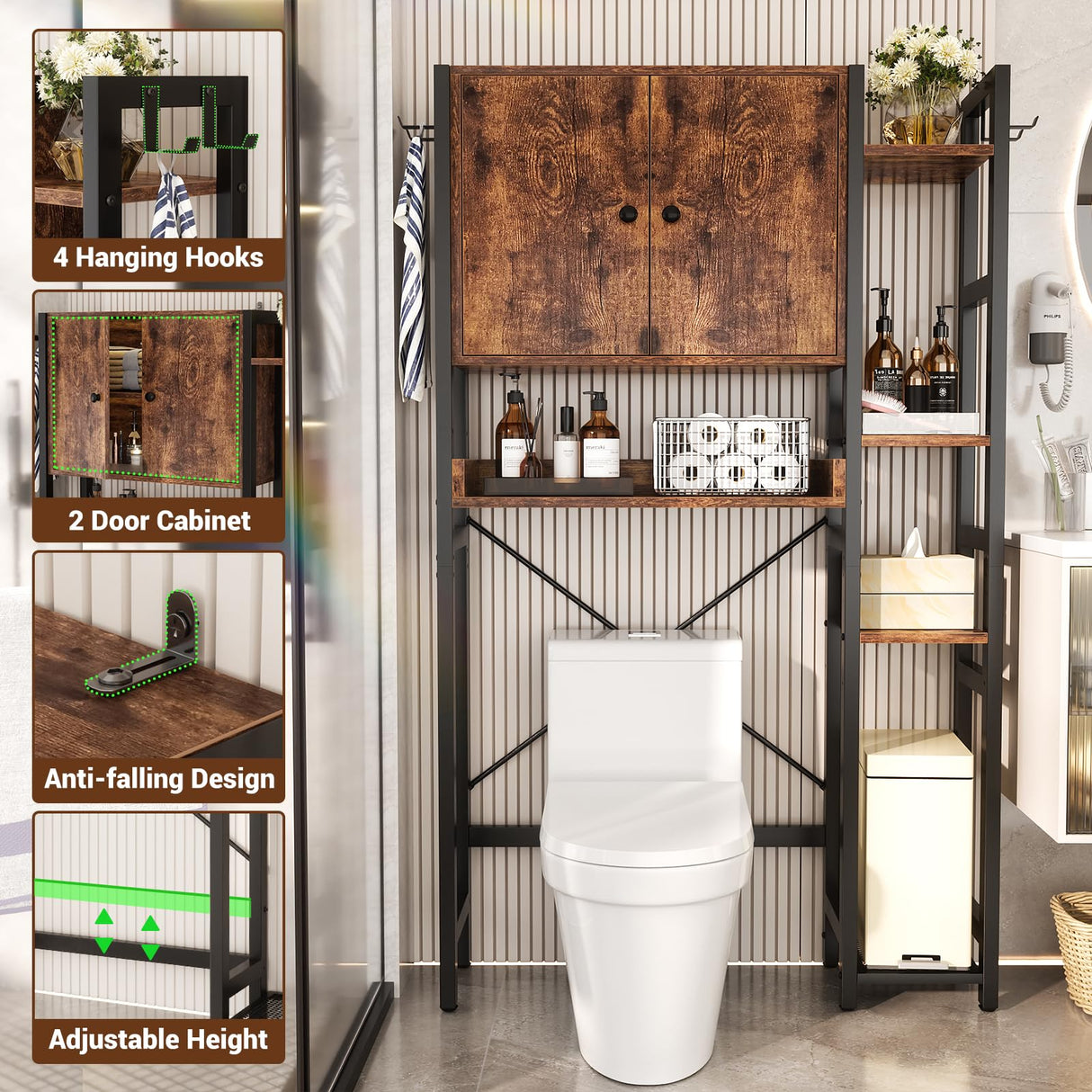 Over The Toilet Storage Cabinet with Doors - 7 Tier Bathroom Organizer with Adjustable Shelf, Freestanding Space Saver Rack Above Toilet Stand with 4 Hooks for Bathroom, Restroom, Laundry, Rustic Besiost