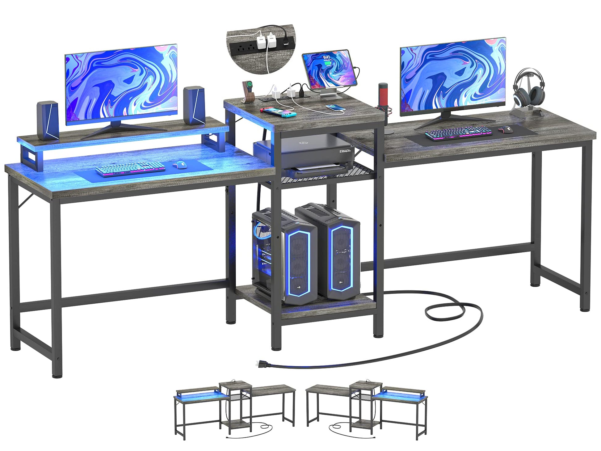 Unikito Two Person Desk with LED Light and Power Outlet, Double Computer Desks with Monitor Stand and Printer Stand, Double Gaming Computer Desk, Long Gaming Desk, Home Office Work Desk, Blac - WoodArtSupply