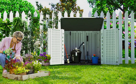 ADDOK Horizontal Storage Shed Weather Resistance, Large Outdoor Storage Cabinet Lockable, Thick HDEP Plastic Storage Unit for Backyards, Patio, Garden(26 Cu.ft/Ivory White) ADDOK