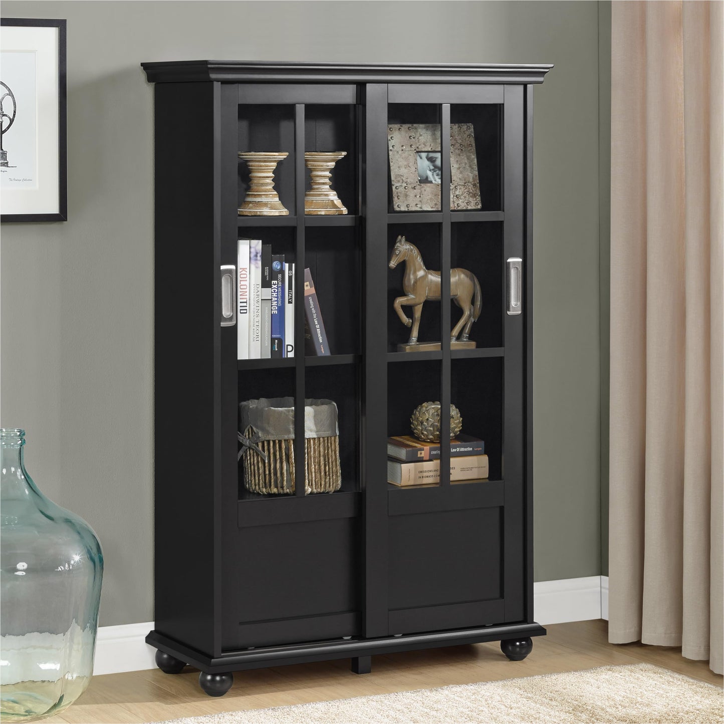 Ameriwood Home Aaron Lane Bookcase with Sliding Glass Doors, Black - WoodArtSupply