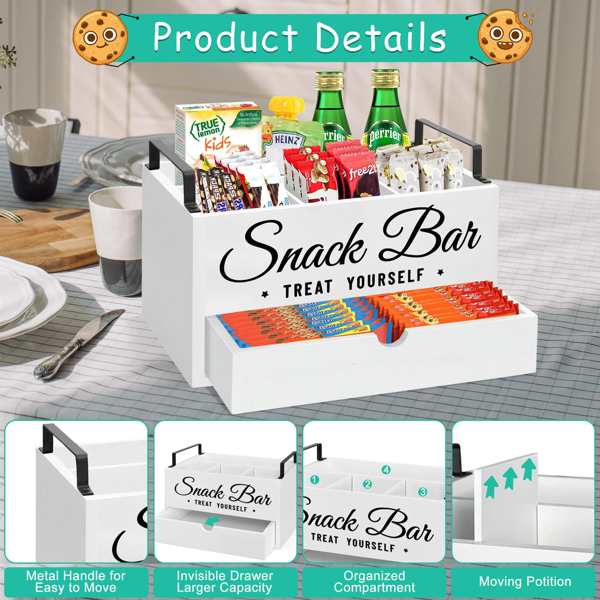 Snack Organizer for Countertop, Wood Pantry Storage Bins with Handles, Snack Organizer for Pantry, Kitchen, 4 Compartment Food Container Snack Box with Drawer, Pantry Organizer for Snacks, Chips Unistyle