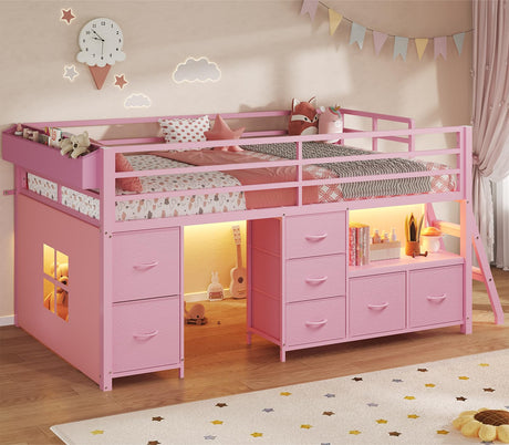 ADORNEVE Low Loft Bed Twin Size with 7 Storage Drawers, Bookcase and LED Lights, Metal Kids Loft Bed with 14" H Safety Guardrail,Inclined Ladder and Play Curtain, Under-Bed Play Space,Pink ADORNEVE