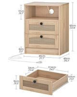 CHOEZON Rattan Nightstand, Boho Side Table, Bedside Table with Charging Station and 2 Drawers, Engineered Wood End Table, for Bedroom, Study, Natural MBZ07UNL CHOEZON