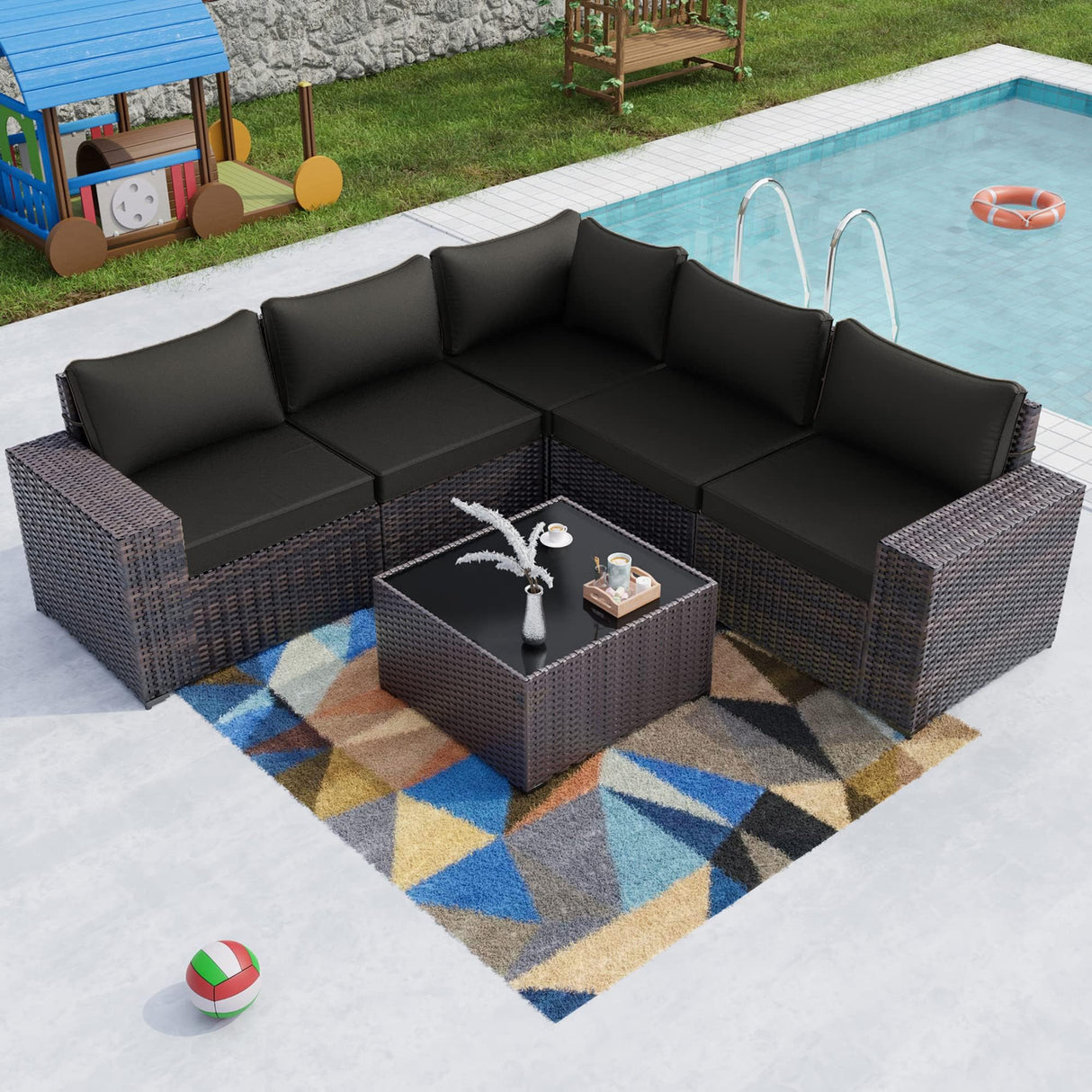 Kullavik 6PCS Outdoor Patio Furniture Set PE Wicker Rattan Sectional Sofa Patio Conversation Sets,Black Kullavik