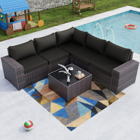Kullavik 6PCS Outdoor Patio Furniture Set PE Wicker Rattan Sectional Sofa Patio Conversation Sets,Black Kullavik