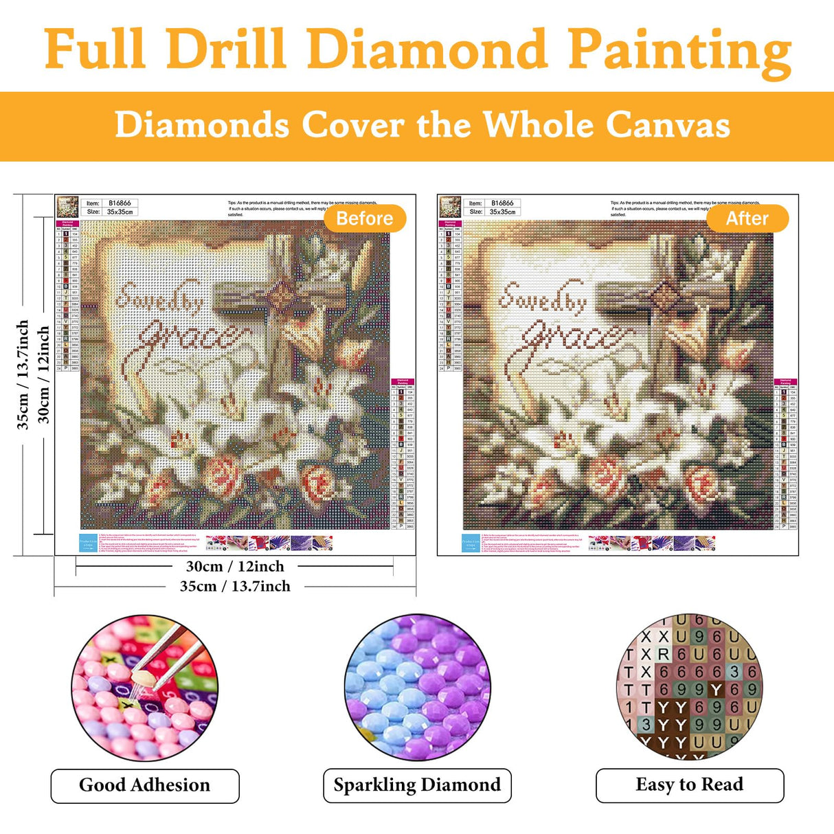 Diamond Art Kits for Adults Religious Cross, DIY 5D Diamond Painting Kit for Beginners Lily Flower, Jesus Full Round Drill Gem Art Dots for Adults, Perfect for Home Wall Decor 14X14 Inch Okarina