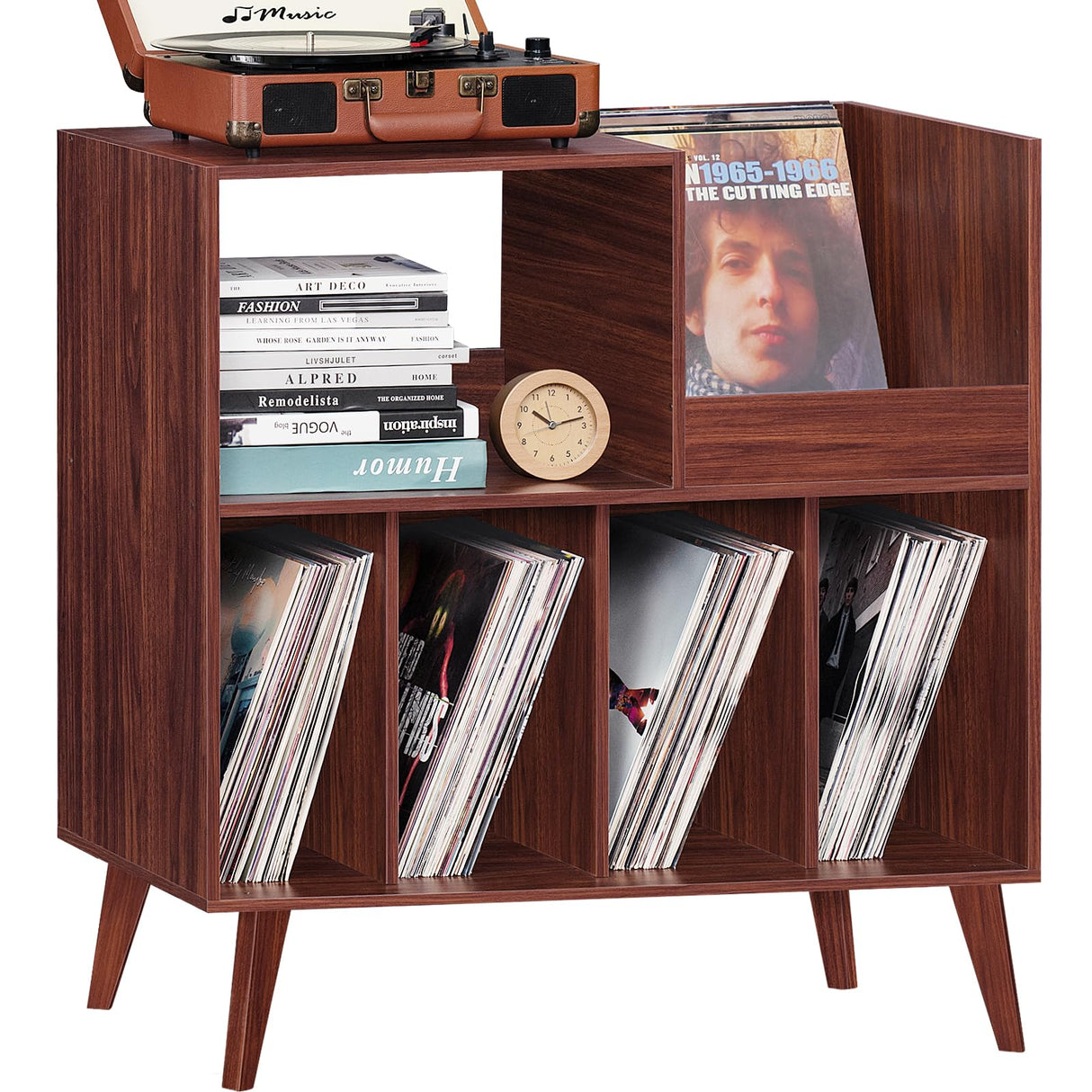 LELELINKY Large Record Player Stand, Turntable Stand with Storage, Vinyl Record Holder with Display Area, Record Player Table Holds Up to 300 Albums, Record Stand for Music Room Living Room-Walnut LELELINKY