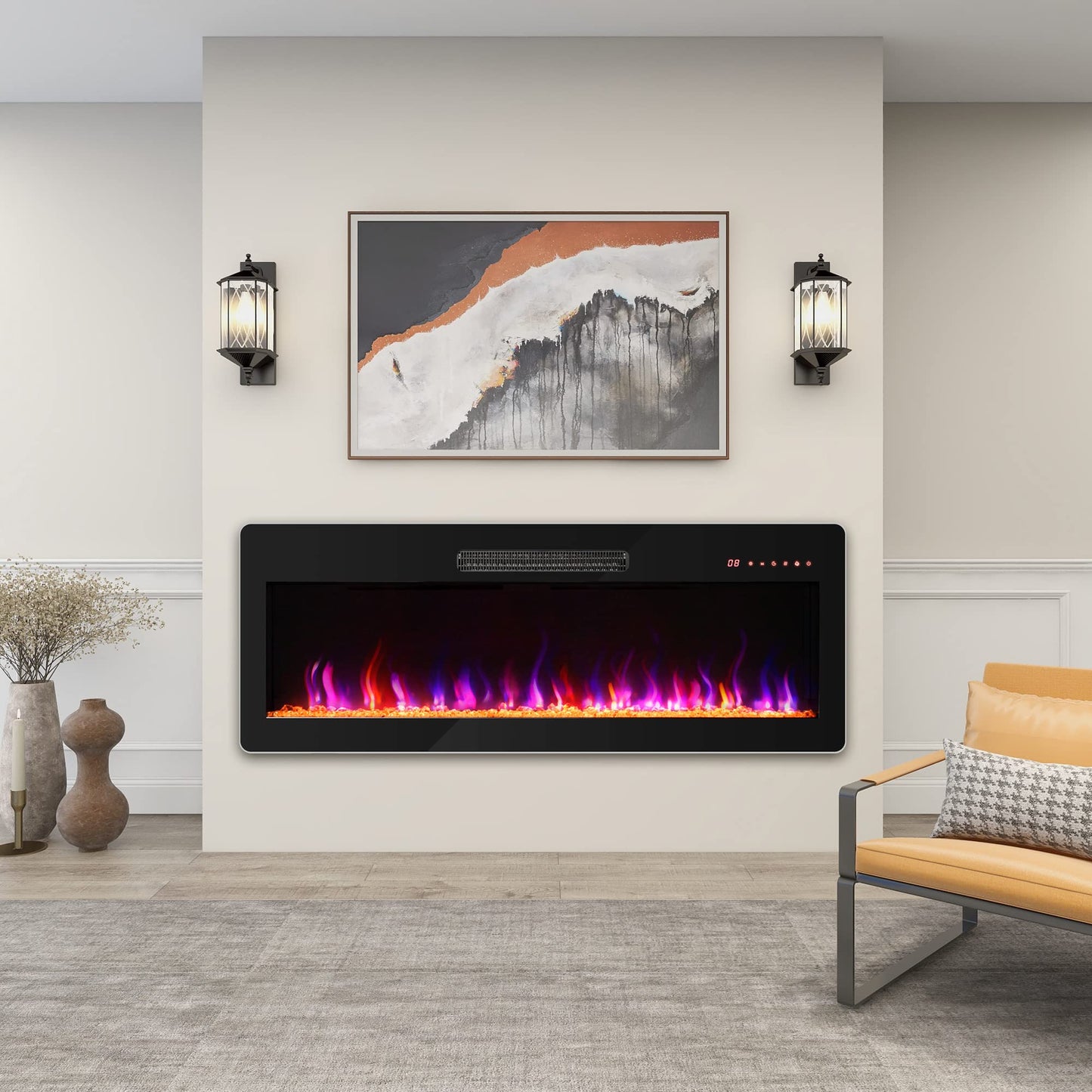 BELLEZE 42" Electric Fireplace Heater, 1400 W Recessed & Wall Mounted Electric Fireplace with Remote Control, Heater with Adjustable Flame Color and Brightness, Timer, Touch Screen