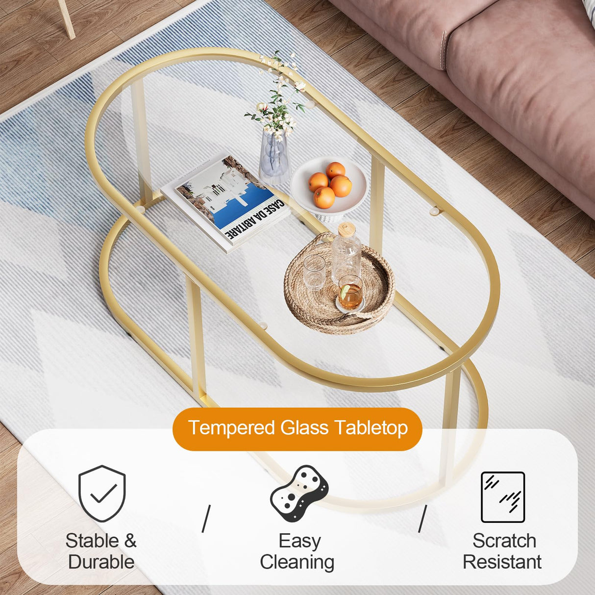 Coffee Table Gold Glass Coffee Tables for Living Room, Oval Table Center Table with Sturdy Metal Frame,Modern Tempered Glass Accent Tables for Bedroom Home Office Wolawu