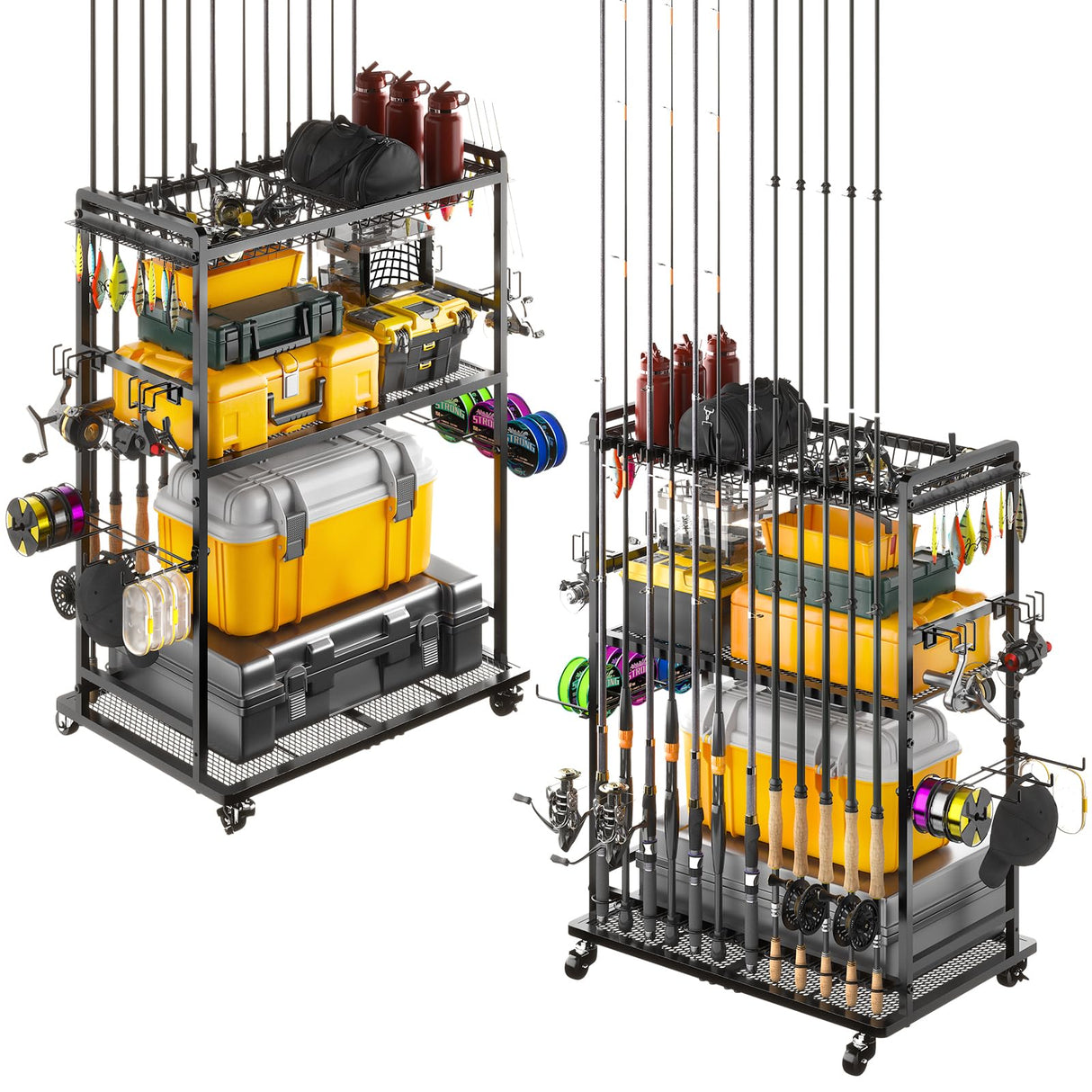 SOYEEZE Large Size Fishing Rod Holders for Garage, Heavy Duty 3-Tier Fishing Pole Rack Holds Up to 12 Rods, Fishing Gear Organizer with 2 Metal Baskets, Fishing Storage Cart with Lockable Wheels SOYEEZE