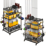 SOYEEZE Large Size Fishing Rod Holders for Garage, Heavy Duty 3-Tier Fishing Pole Rack Holds Up to 12 Rods, Fishing Gear Organizer with 2 Metal Baskets, Fishing Storage Cart with Lockable Wheels SOYEEZE