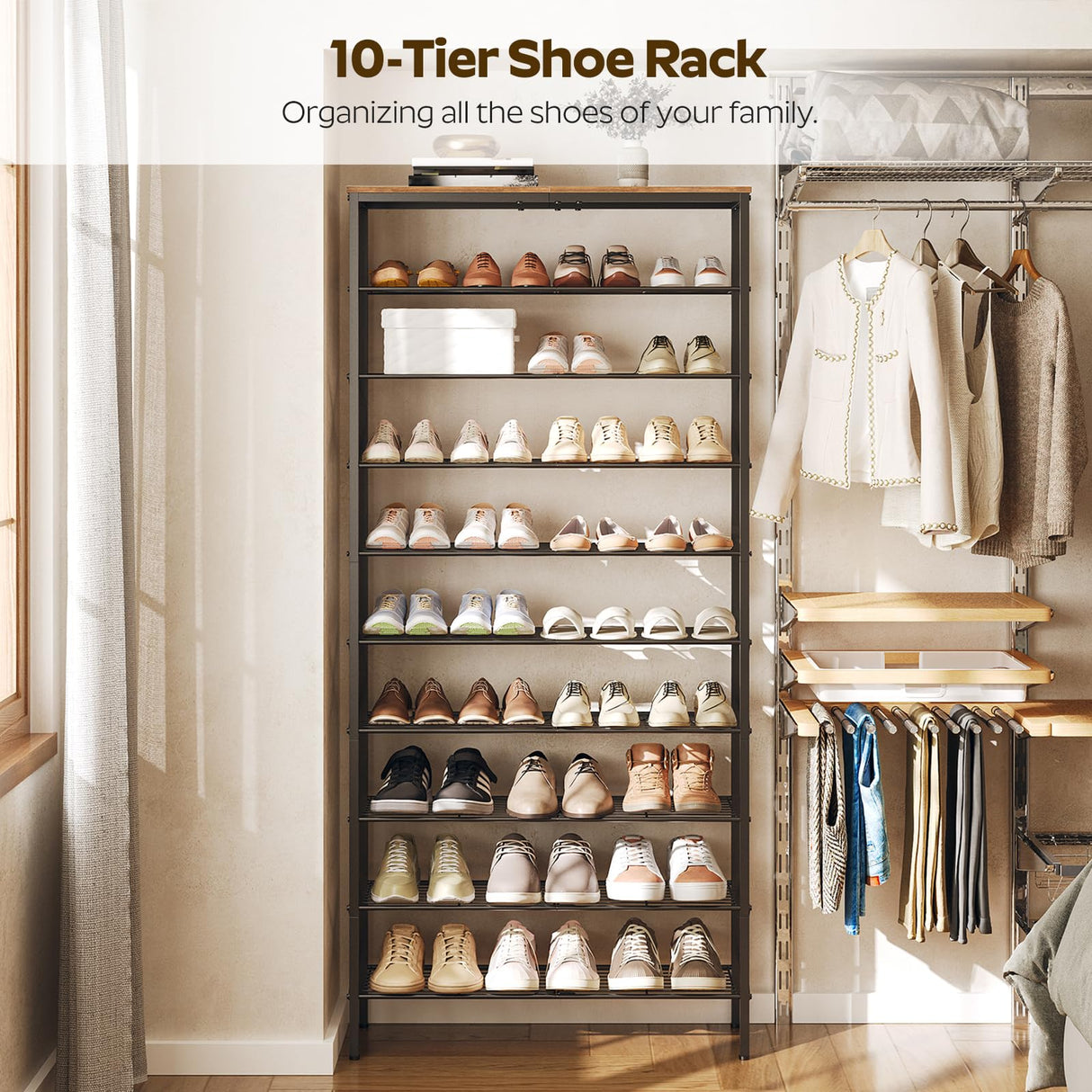 YATINEY 10 Tier Shoe Rack, Shoe Storage Organizer, Large Capacity Shoe Shelf Holds 40 Pairs of Shoes, Durable and Stable, for Entryway, Hallway, Closet, Dorm Room, Rustic Brown SS10BR YATINEY