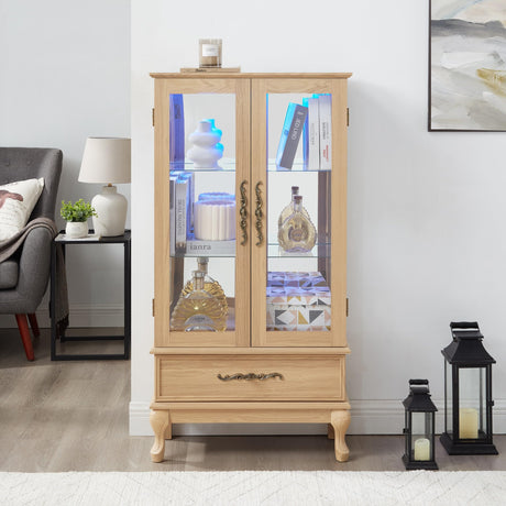 Eyisean Glass Display Cabinet, 52" H Curio Cabinet with Adjustable Shelves and Mirrored Back Panel, Wooden China Cabinet with Light Bulb, Rack for Living Room Storage (Oak - LED) Eyisean