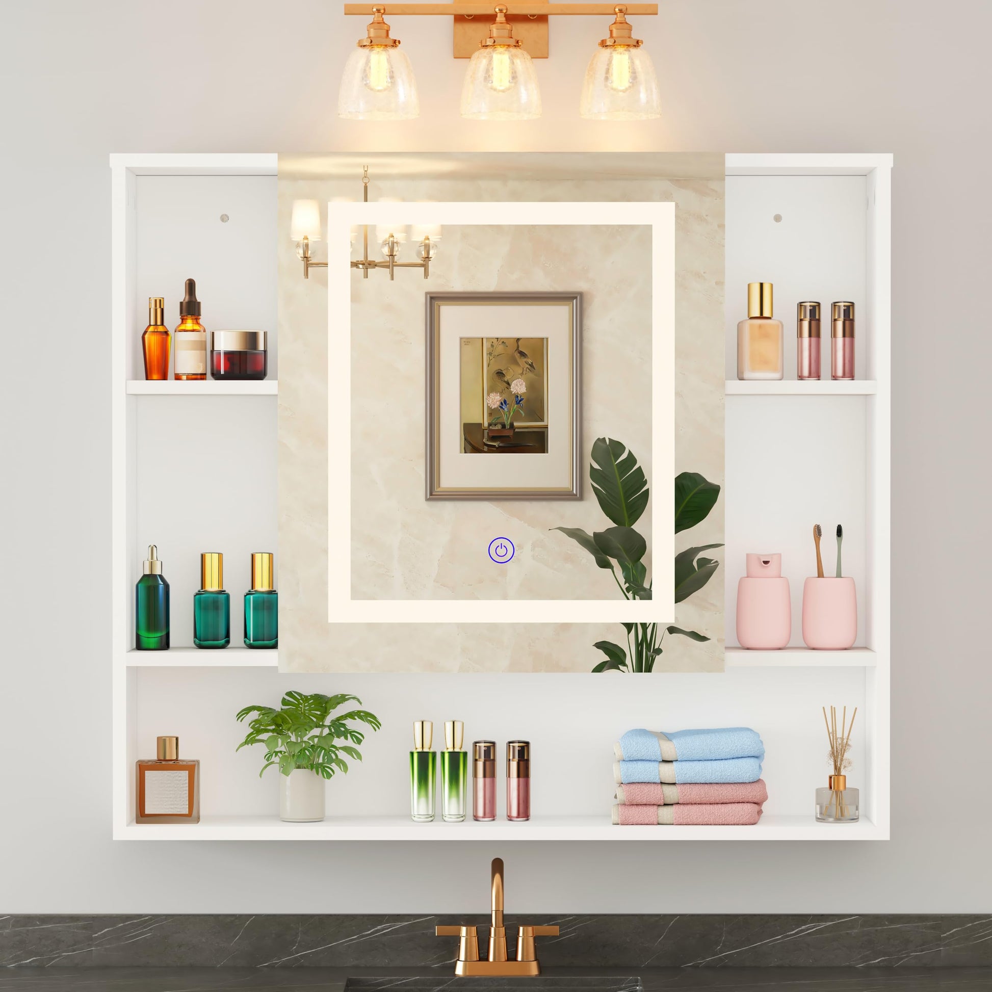 SOOWERY Medicine Cabinet Mirror with Led Light 27.5" W x 24.3" H Lighted Vanity Mirror Wall Mounted Bathroom Storage Cabinet with Single Door Surface Farmhouse Bathroom Cabinets White - WoodArtSupply