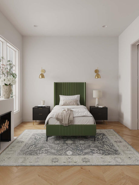Manhattan Comfort Promenade Mid-Century Modern Velvet Upholstered Twin-Size Bed Frame - Luxurious Foam Padding, No Box Spring Needed, Stylish Vertical Stitched Headboard, Moss Green Manhattan Comfort