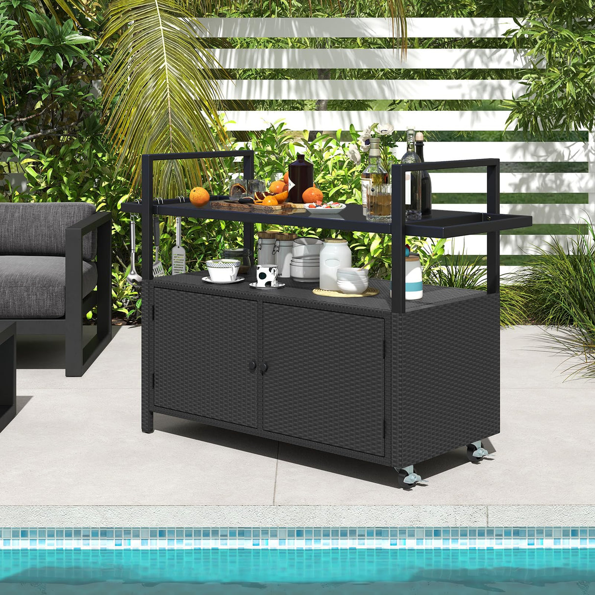 Tangkula Outdoor Bar Cart Table, Patiojoy Rolling Wicker Buffet Wheeled Serving Cart with Tempered Glass Top, Storage Cabinet & 8 Hooks, for Porch Backyard Garden Poolside (Black) Tangkula