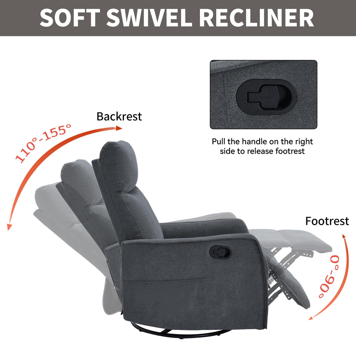 PELUMY Rocker Recliner Chair with Heat Massage - Manual Swivel Recliner for Living Room and Bedroom, 8 Vibration Points, Lumbar Heat, Glider Rocking Chair for Adults (Dark Grey) PELUMY