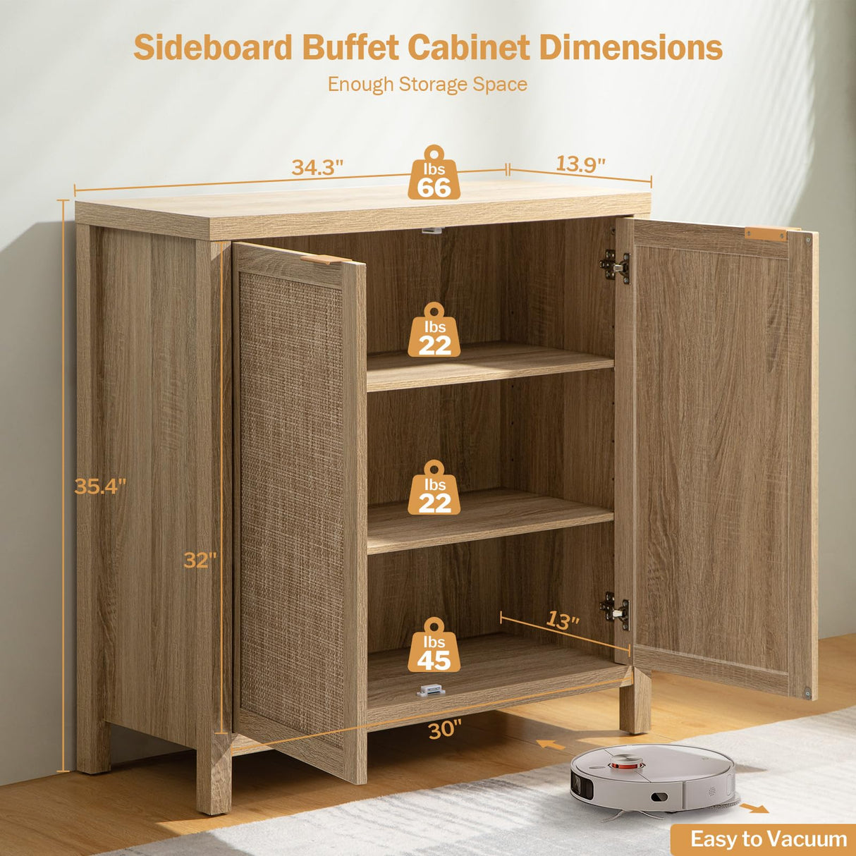 SICOTAS Credenza Sideboard Buffet Cabinet - Boho Rattan Kitchen Storage Cabinet with 4 Rattan Decorated Doors - Accent Liquor Cabinet Buffet Console Table for Dining Room Hallway - 2 Pieces(Light Oak) SICOTAS