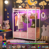 Cyclysio Dresser with Hanger Rack, 4 Drawers Dresser for Bedroom with Power Outlet and LED Lights, Cute Dresser with Storage Shelf for Bedroom Living Room, Pink Cyclysio