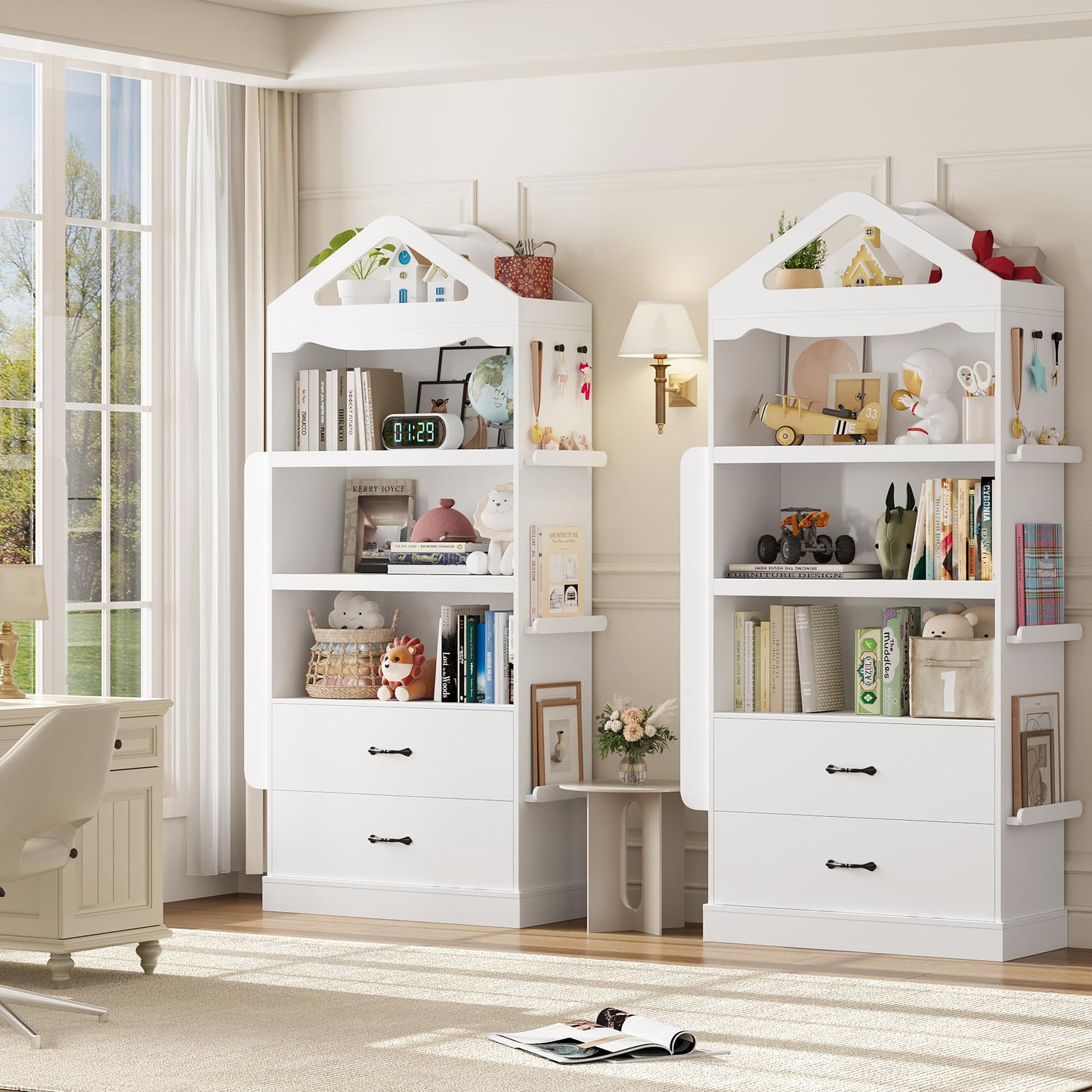 HOSTACK 71" Tall White Kids Bookcase with 2 Drawers and 4-Tier Shelving for Toys and Books - WoodArtSupply