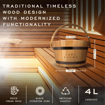 Pure Scentum Unique Wooden Sauna Water Bucket and Ladle Set - Improved Ergonomic Handle - Cedar Wood Sauna Water Bucket, Titanium & Recycled Plastic with 4L Capacity - Premium Sauna Accessories