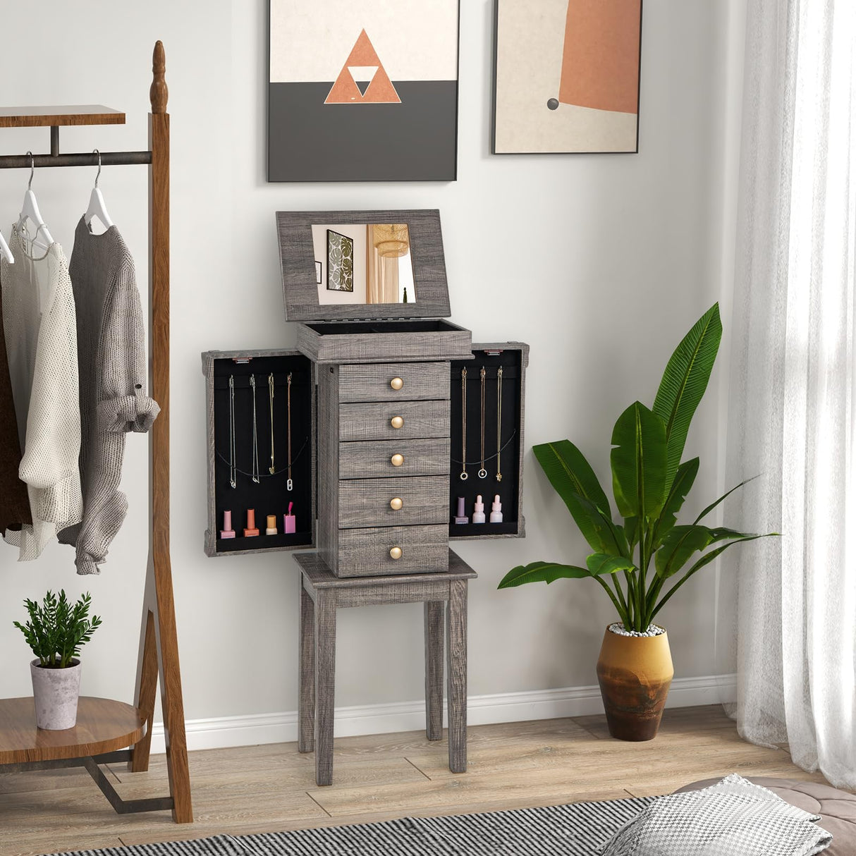 CHARMAID Jewelry Cabinet Armoire with 5 Drawers, Jewelry Box Organizer with Top Flip Mirror, Side Swing Doors, Necklace Hooks Top Storage Organizer, Standing Jewelry Armoire Chest CHARMAID