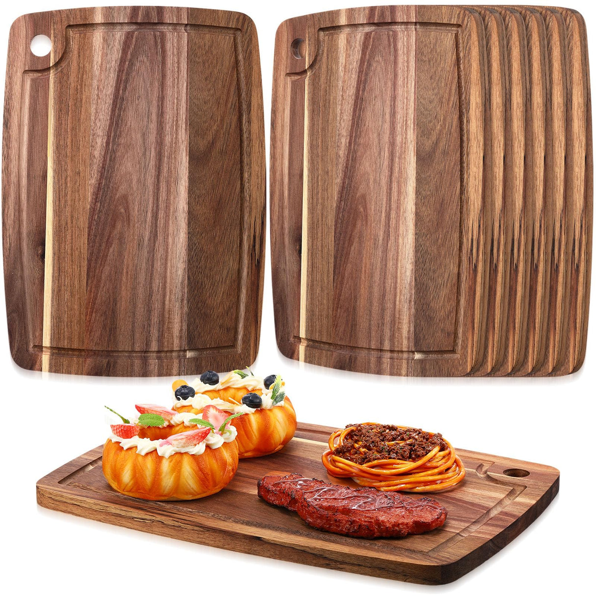 Roshtia 6 Pieces Acacia Wood Cutting Board Kitchen Wooden Chopping Board with Juice Groove Reversible Charcuterie Serving Board Butcher Block Cutting Board for Meat, Cheese, Vegetables, 14" x 10" Roshtia