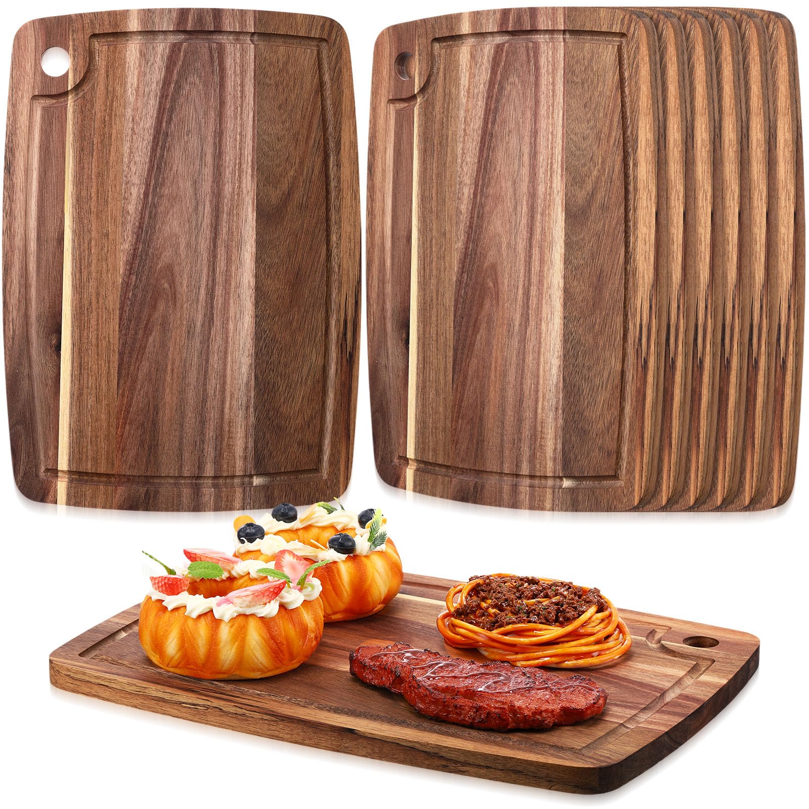 Roshtia 6 Pieces Acacia Wood Cutting Board Kitchen Wooden Chopping Board with Juice Groove Reversible Charcuterie Serving Board Butcher Block Cutting Board for Meat, Cheese, Vegetables, 14" x - WoodArtSupply