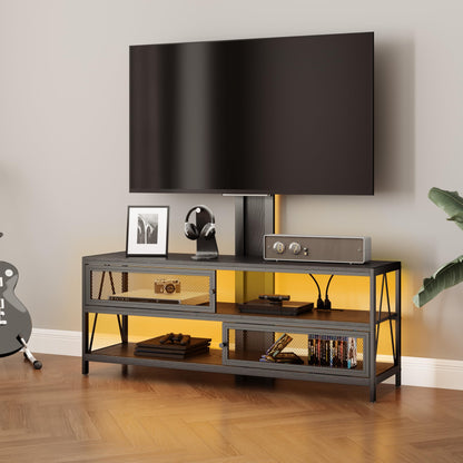 RoyalCraft TV Stand with Mount, TV Entertainment Center with Storage for 32-70 inch TVs, Swivel TV Stand with Power Outlet and LED, Modern Media Console for Living Room, Bedroom, Jet Black