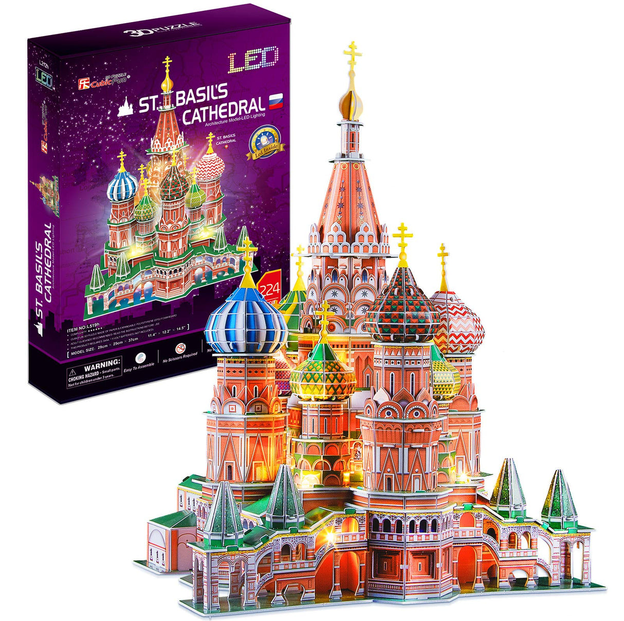 CubicFun LED Russia Cathedral 3D Puzzles for Adults Kids, St.Basil's Cathedral Architecture Building Church Model Kits Toys for Teens, 224 Pieces CubicFun