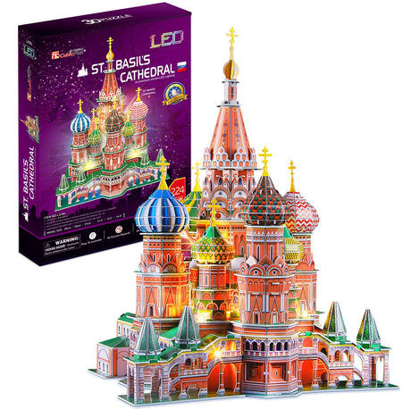 CubicFun LED Russia Cathedral 3D Puzzles for Adults Kids, St.Basil's Cathedral Architecture Building Church Model Kits Toys for Teens, 224 Pieces CubicFun