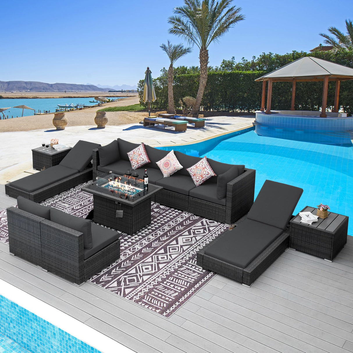 NICESOUL 11 Piece Outdoor Furniture Set with Fire Pit Table Natural Gas/Propane, 29.3'' High Back Comfy Patio Sectionals w/Chaise Lounger, Modern Large Deep Rattan Sofa Set for Garden Backyard, Gray NICESOUL