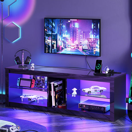 Bestier LED TV Stand for 55/60/65 Inch TV, High Gloss Gaming TV Stand with Power Outlet, Black Entertainment Center with Storage for Living Room, Bedroom, 55 Inch TV Console with Adjustable Shelves Bestier