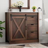 chartustriable 36 Inch Bathroom Vanity with Sink & Faucet & Mirror, Farmhouse Bathroom Vanity Cabinet Set with Sliding Barn Door & Drawers, Small Single Bath Storage Vanity Sink, Brown chartustriable