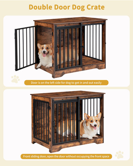Hzuaneri Dog Crate Furniture, 32" Double Door Dog Crate with Barn Door, Dog Kennel Indoor, End Side Table Wooden Dog Crate for Small Medium Large Dog, Anti-Chew Anti-Escape, Rustic Brown DFC83601B Hzuaneri