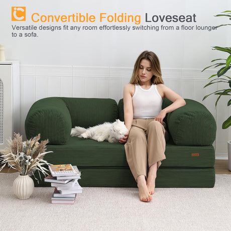 COMAX Futon Sofa Bed, 4-in-1 Floor Foldable Sofa Couch Bed Queen with L-Shaped Armrests, Convertible Folding Chair Bed Sleeper Mattress Fold Out Comfy Lounge for Living Room Bedroom, Green COMAX