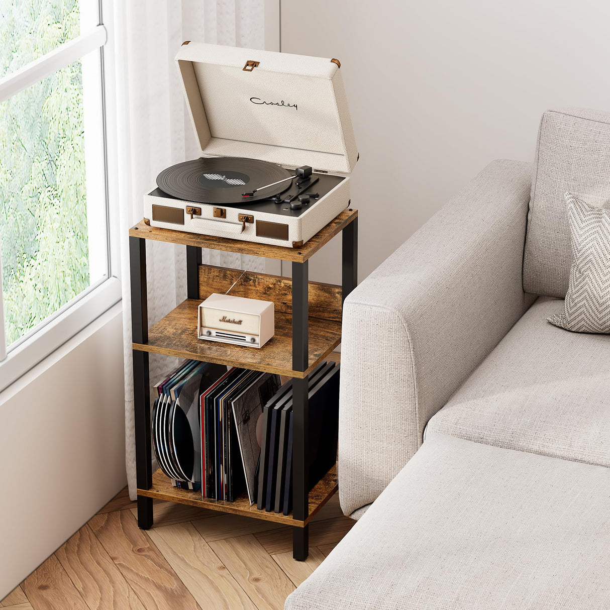 TUTOTAK Record Player Stand with Storage Up to 100 Albums,Record Storage Table,3 Tier End Table,Side Table for Living Room, Bedroom, Brown TB01BB075 TUTOTAK