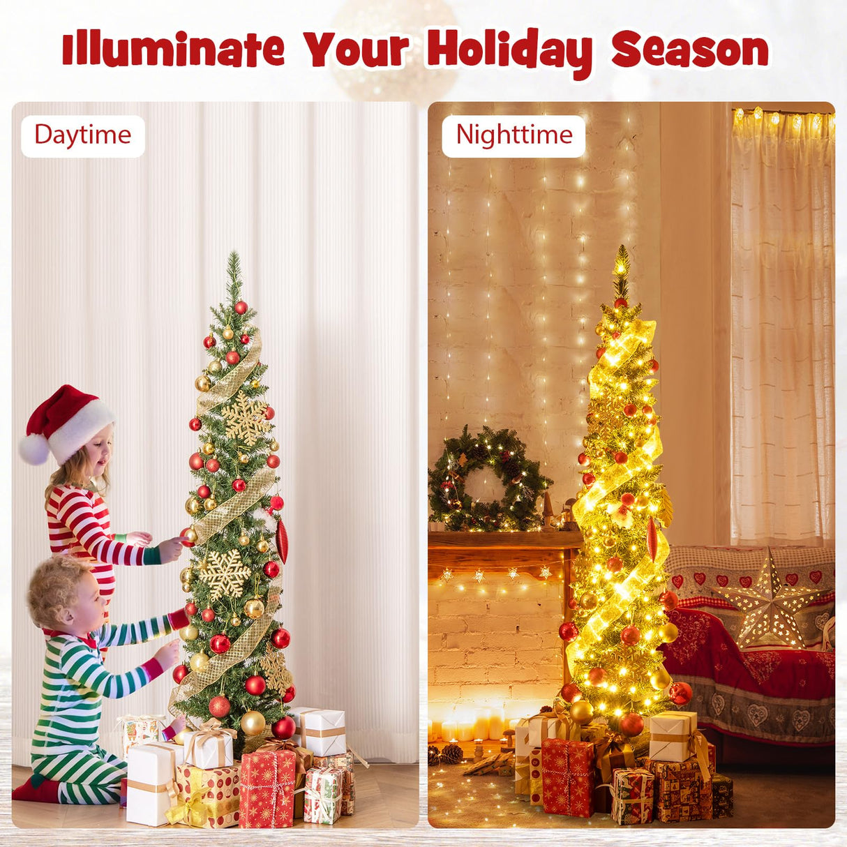 Goplus 5ft Pre-Lit Pencil Christmas Tree, Skinny Xmas Tree with 150 Warm-White LED Lights, 296 Branch Tips, Foldable Metal Stand, Artificial Slim Christmas Tree for Home Office Decoration Goplus