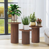 Bifins Round Nesting Coffee Table Set of 3,Mid Century Modern Fluted Coffee and End Table Set,Small Circle Wooden Side Table Drink Table for Living Room (Walnut) Bifins