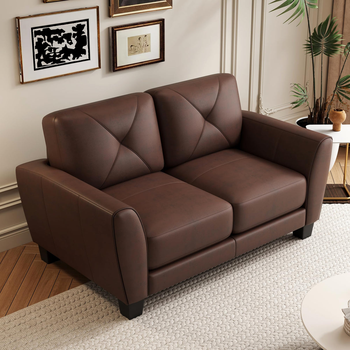 Genuine Leather Loveseat Sofa, 2 Seater Modern Sofa Couch for Living Room, Brown (62'') Secsofier