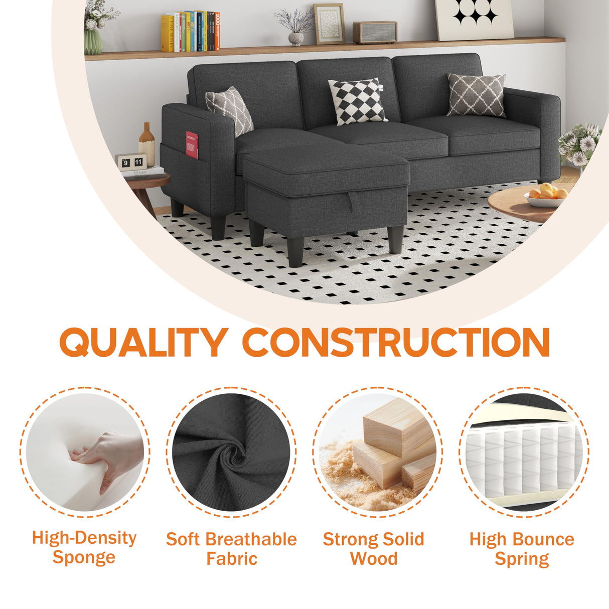 ZeeFu Convertible Sectional Sofa Couch: Dark Gray 3Seat L-Shaped Sectional Sofa Couches with Storage Ottoman - Modern Linen Fabric Small Sofa Furniture Set for Living Room Office Small Space Apartment ZeeFu