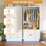 IRONCK Wardrobe Closet with LED Light & Mirror, Wooden Modern Armoire with 2 Drawers and Hanging Rod, Large Capacity Storage Closet for Bedroom, White IRONCK