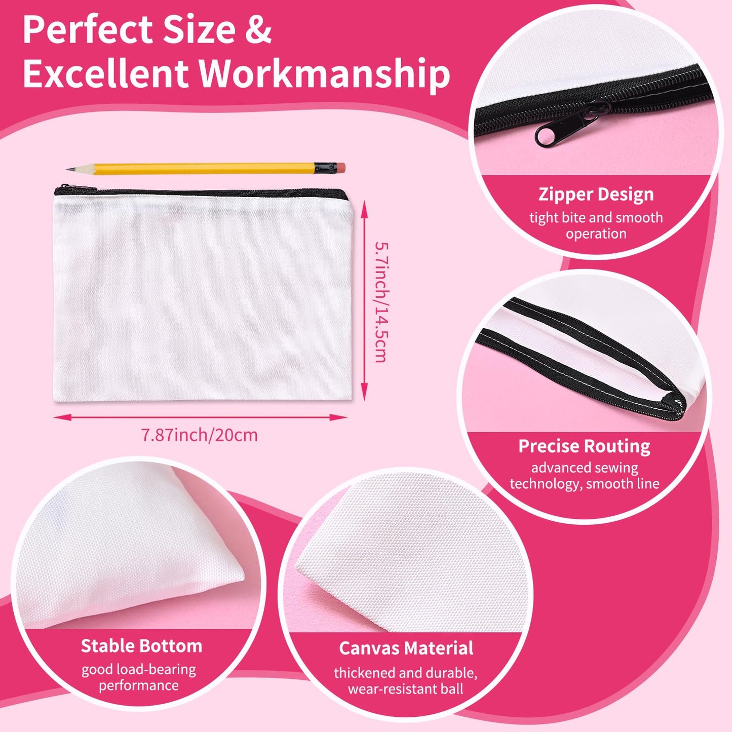 AMDAILY 50Pcs Sublimation Blank Canvas Makeup Bags, Bulk Blank DIY Heat Transfer Cosmetic Makeup Bags w/Black Zipper for Bridesmaid Makeup Bag Travel Toiletry Pouch Storage, Christmas DIY Craft