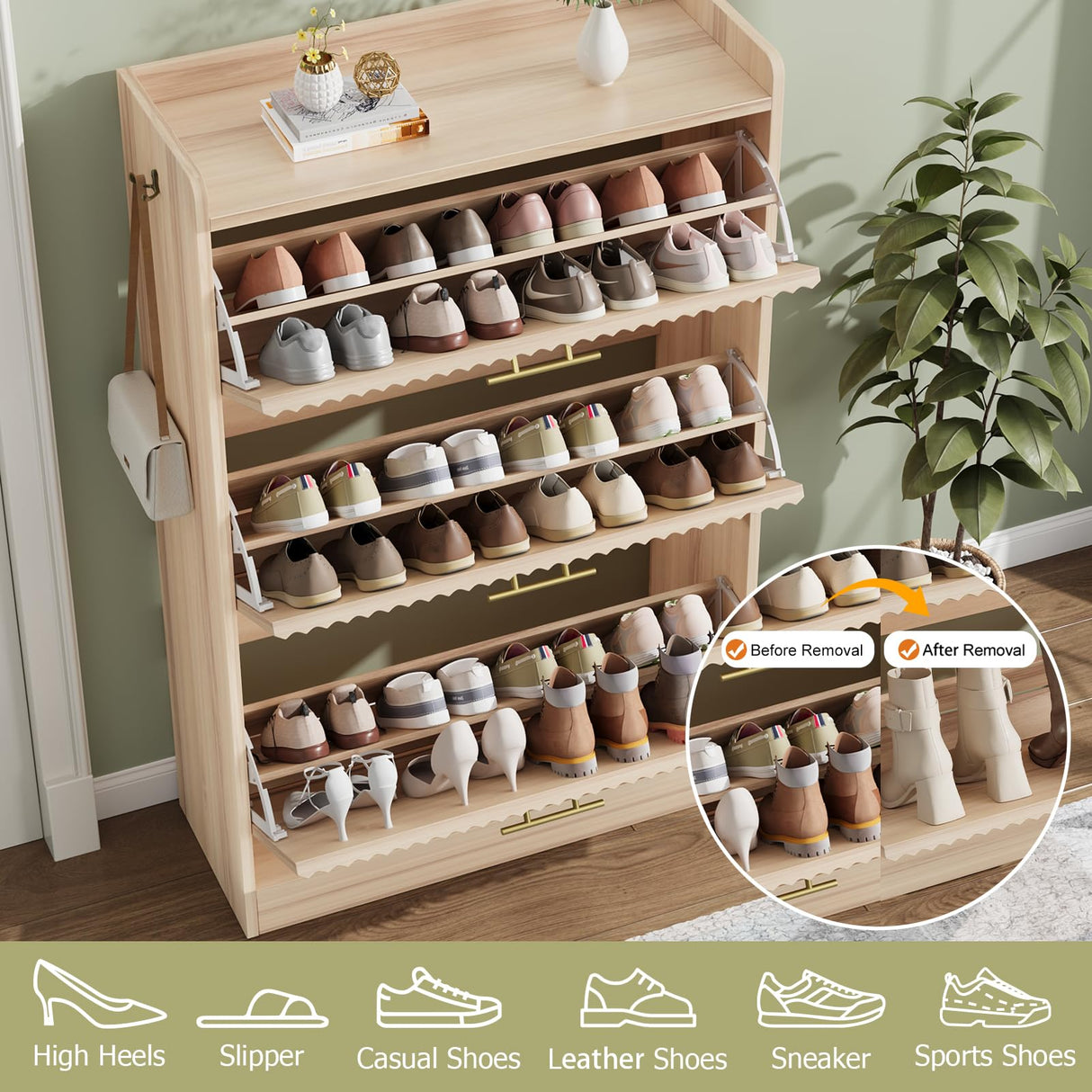 Shoe Cabinet Storage for Entryway Hidden Shoes Storage Cabinet with 3 Flip Drawers, Boho Fluted Shoe Rack Cabinet Large Tall Free Standing Shoe Organizer Cabinet for Foyer, Hallway (Natural Wood) Jocoevol