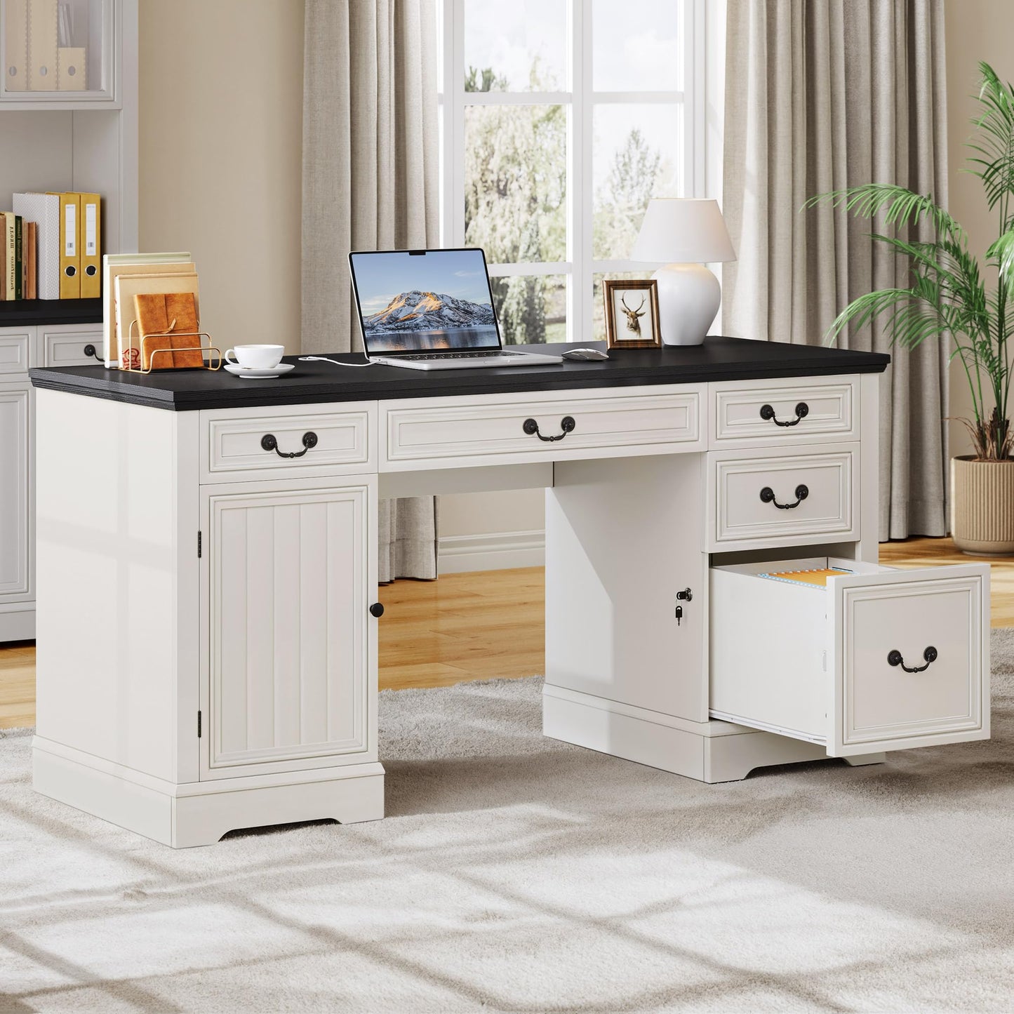 YITAHOME Executive Desk with Power Outlets, 59" Farmhouse Computer Desk with Drawers, Wood Office Desk with Storage Cabinet, Keyboard Tray, Workstation for Home Office, Black & Off White